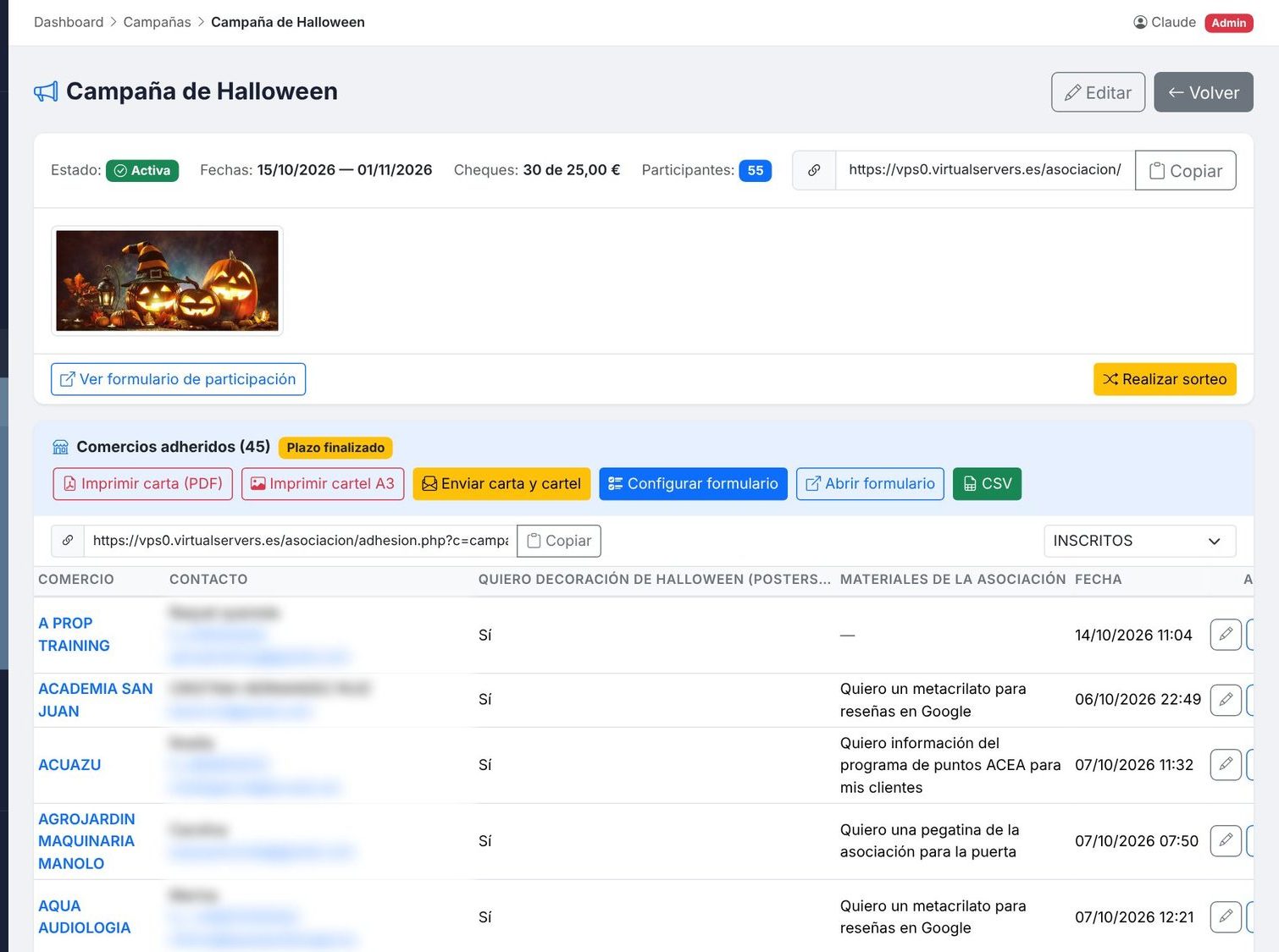 Ficha de campaña con comercios adheridos