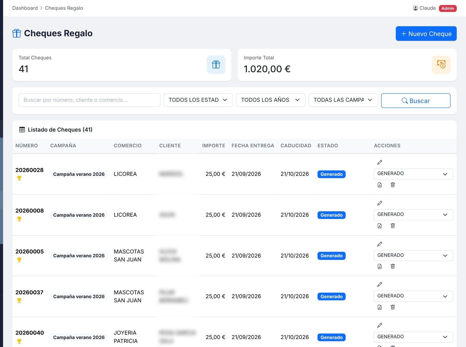 Listado de cheques regalo numerados