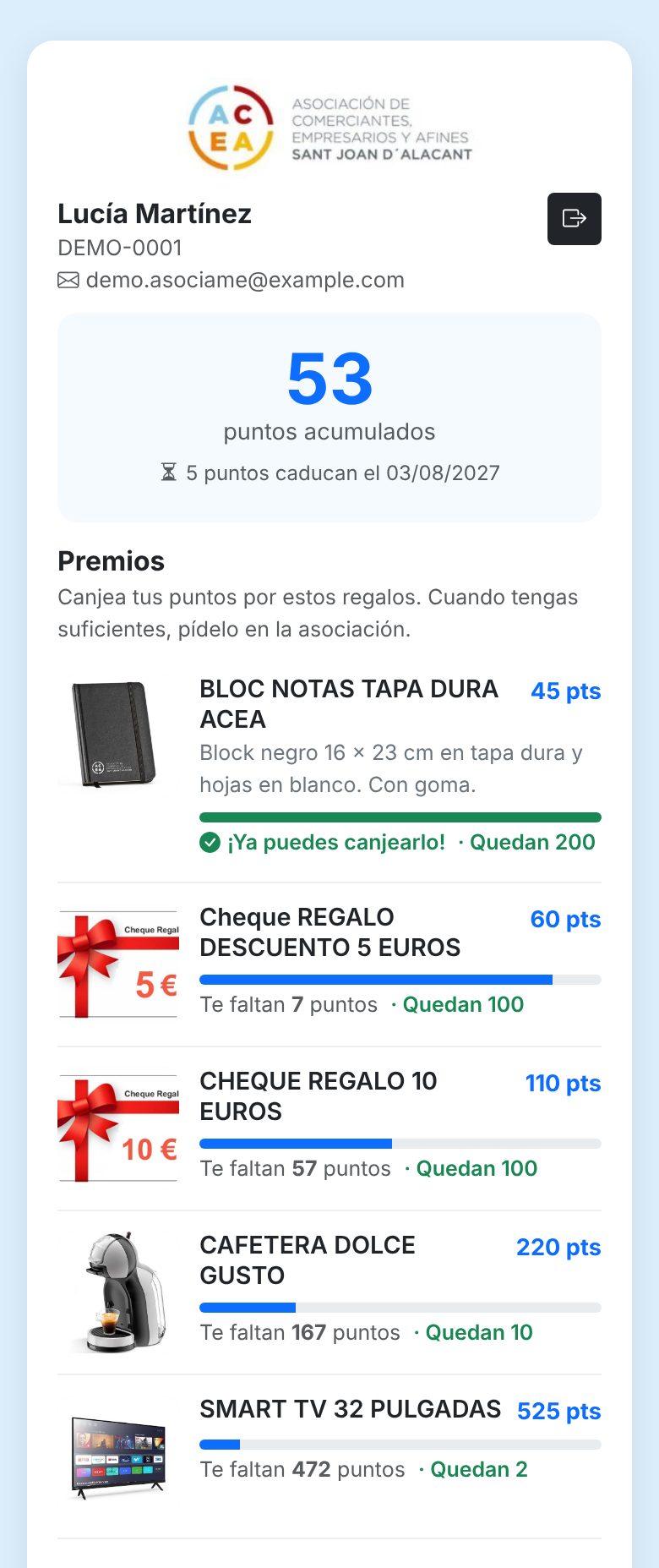 App del cliente: puntos acumulados y catálogo de regalos
