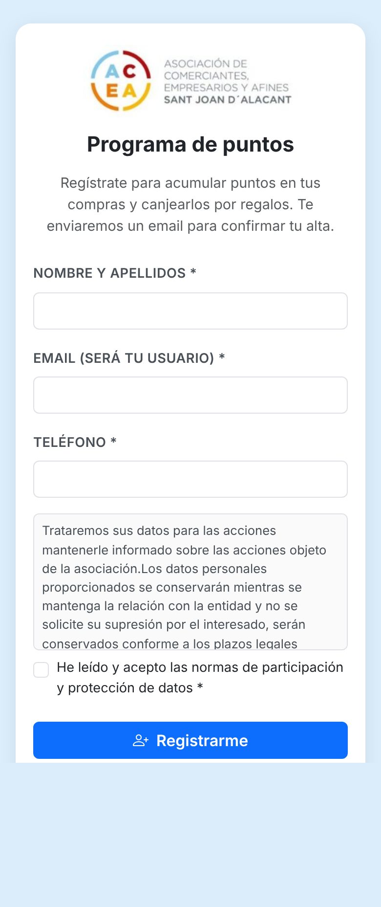 App del cliente: alta en el programa de puntos