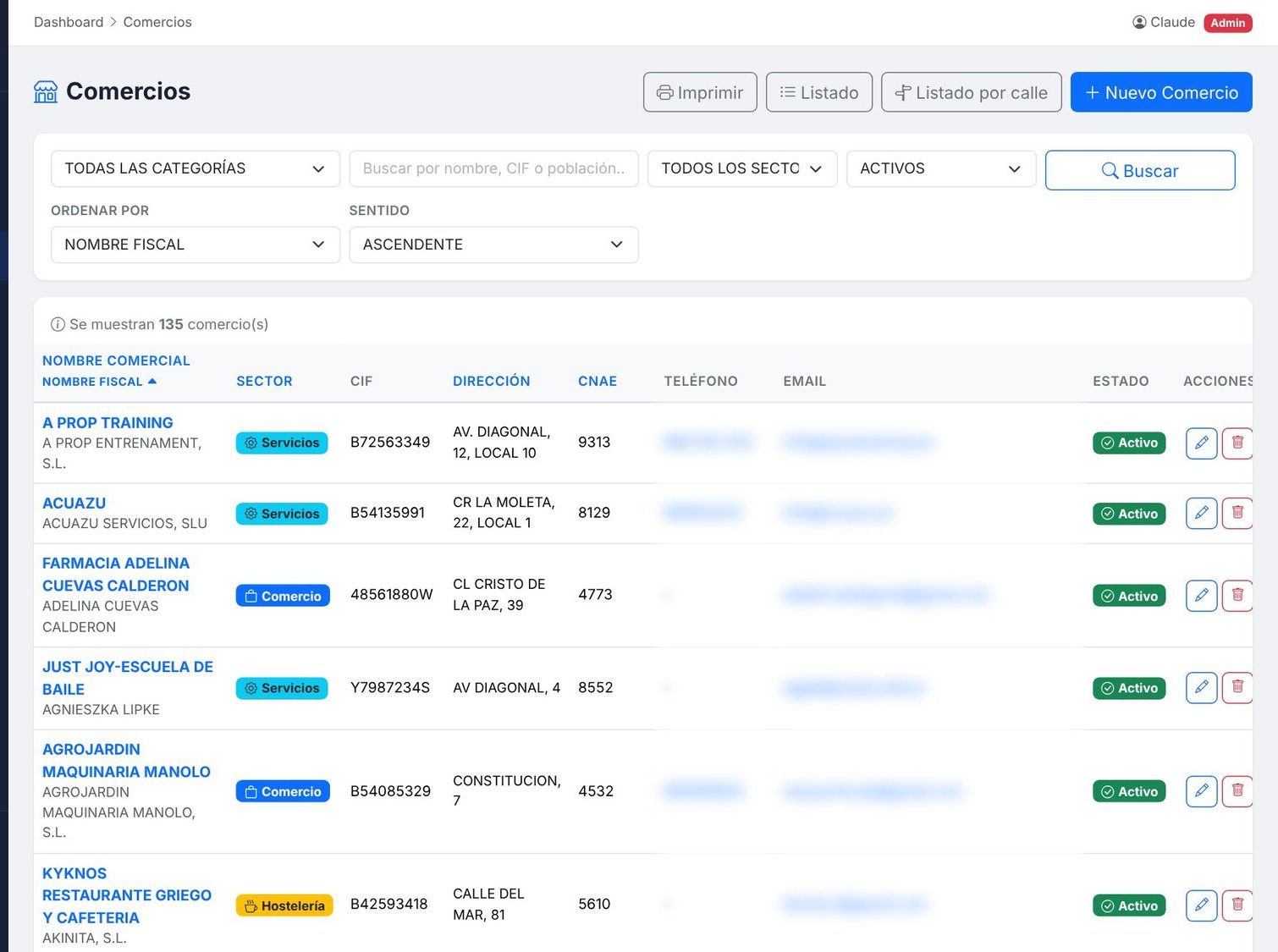 Listado de comercios con filtros por categoría, sector y estado