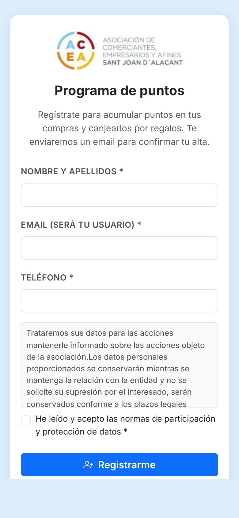 App del cliente: formulario de alta