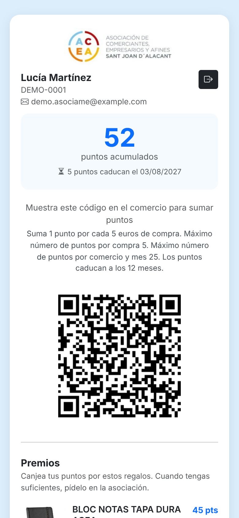 App del cliente: saldo de puntos y código QR