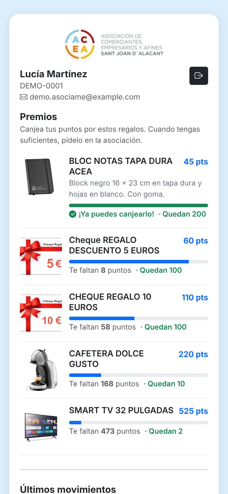 App del cliente: catálogo de regalos