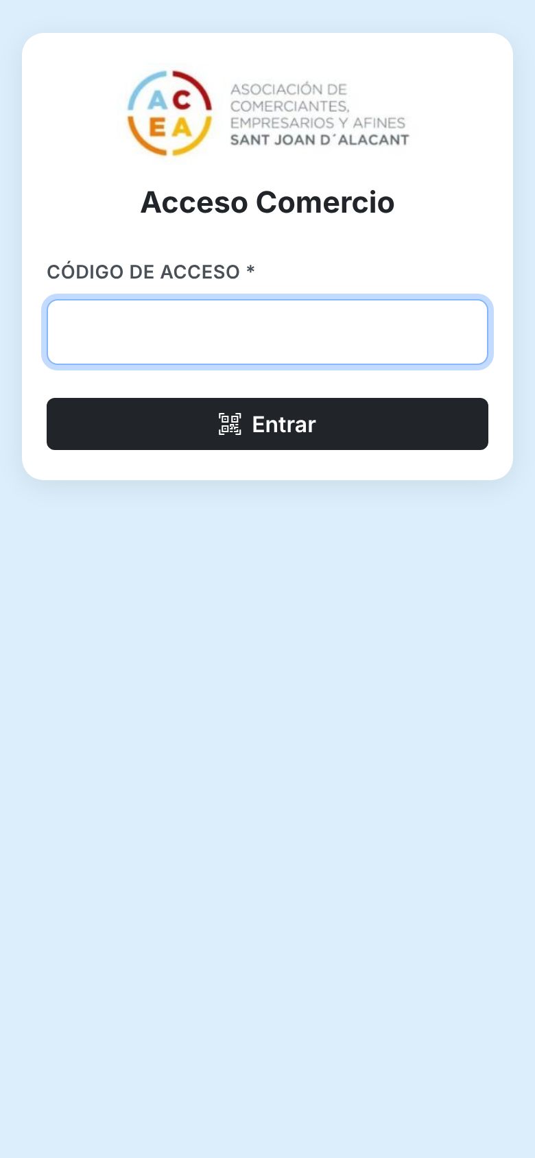 App del comercio: acceso con código