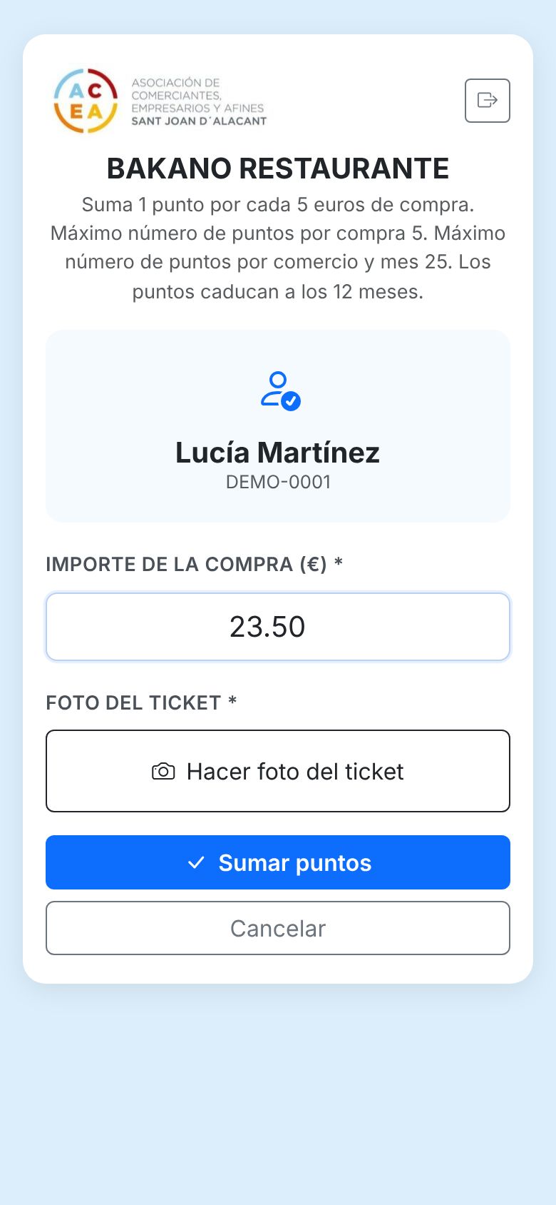 App del comercio: cliente identificado, importe y foto del ticket