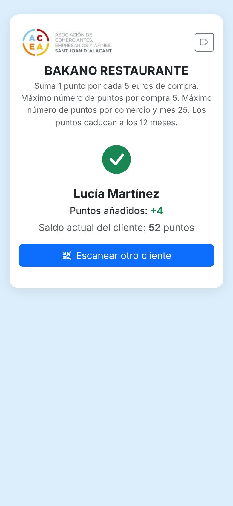 App del comercio: puntos sumados