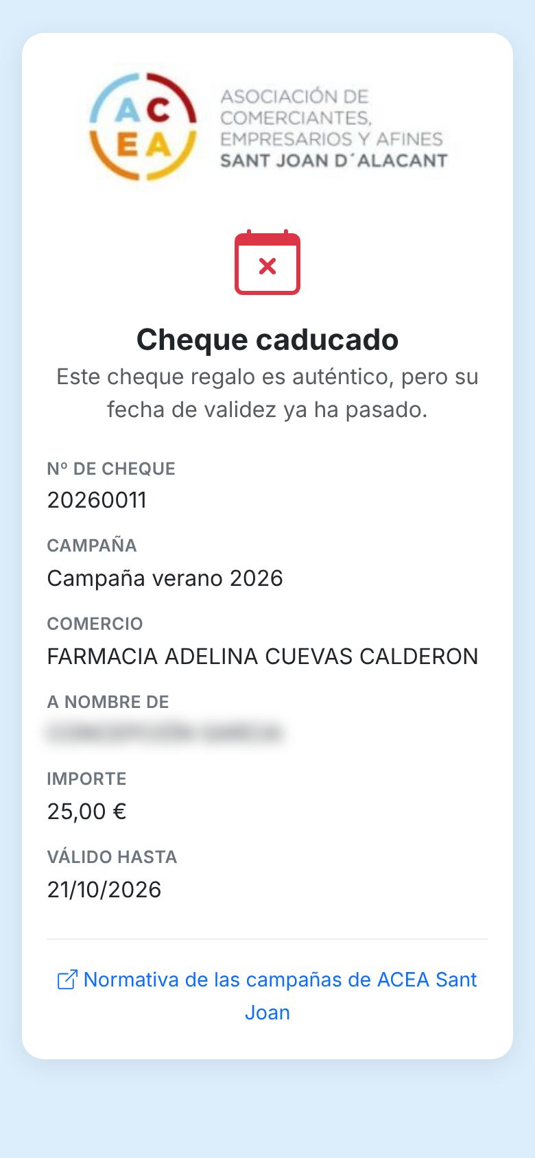 Verificación pública de un cheque regalo