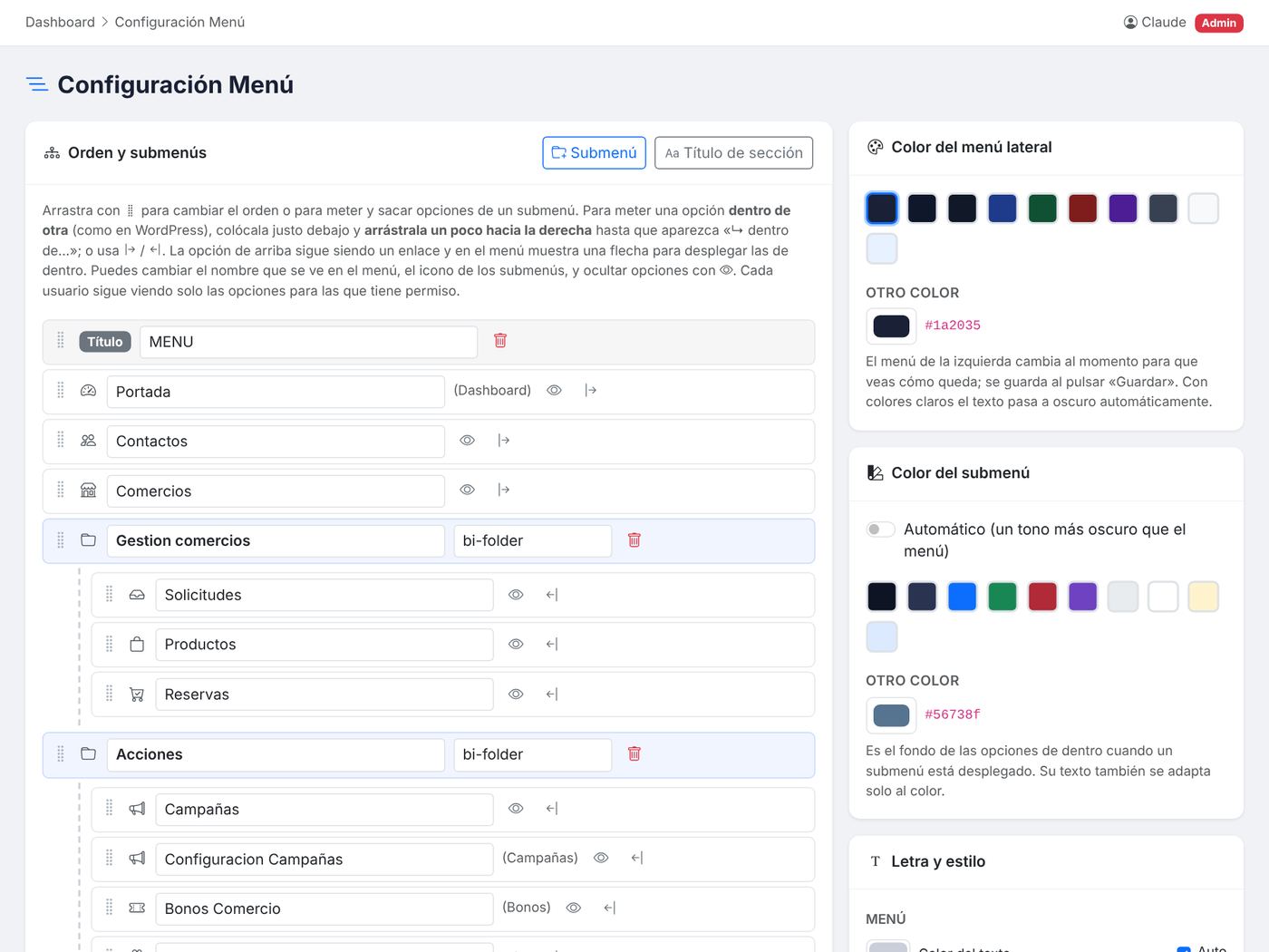 Menú configurable
