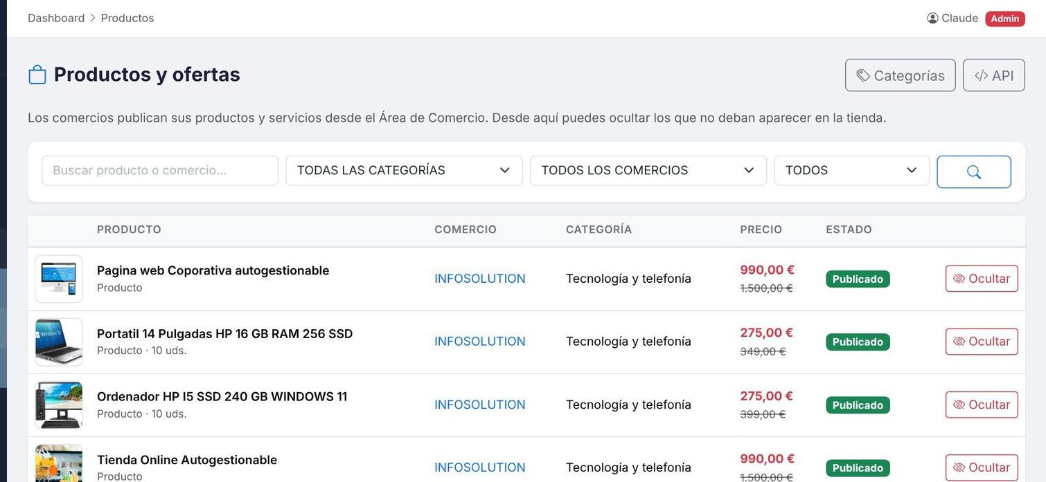 Productos publicados por los comercios